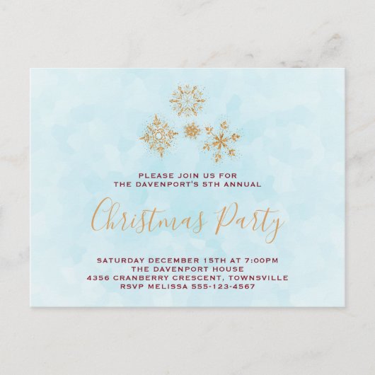 Cristaux Golden Snowflake sur Invitation bleu givr (Devant)
