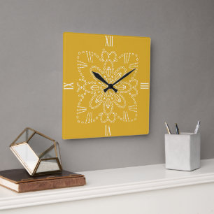 Crochet jaune moutarde Graphique Carré Horloge mur