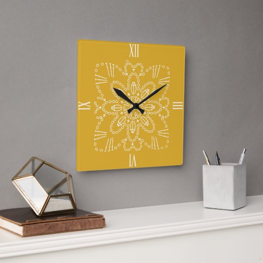 Crochet jaune moutarde Graphique Carré Horloge mur (Bureau)