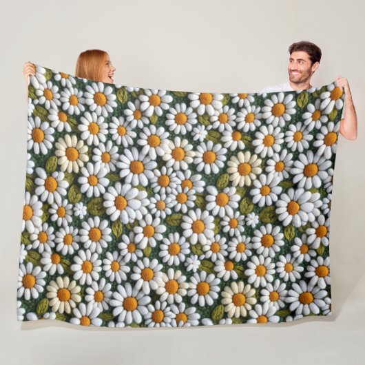 Crochet White Daisies Spring Wildflowers Fleece Deken (In situ)