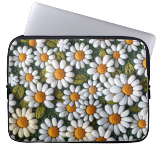 Crochet White Daisies Spring Wildflowers Laptop Sleeve