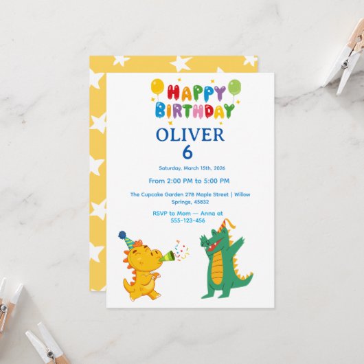 Crocodile & Hippo Birthday Invitation  (Devant/Arrière en situation)