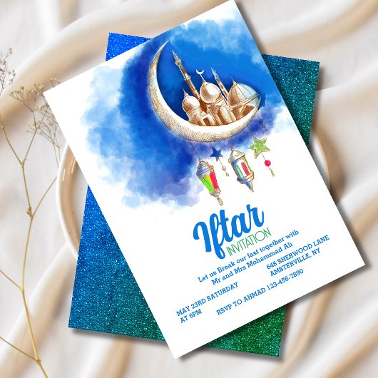 Croissant bleu moderne Iftar Party Invitation