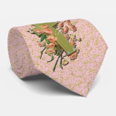 Croix avec Fleurs roses sur Cravate dorée Damas ro (Roulé)