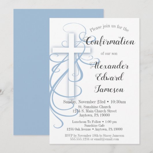 Croix Bleu Blanc Swirl Confirmation Invitation Gar (Devant / Derrière)
