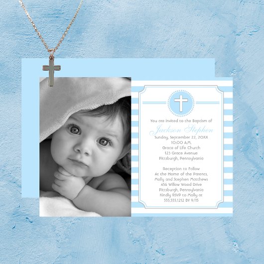 Croix Bleu Stripes Boy Photo Baptême Invitation