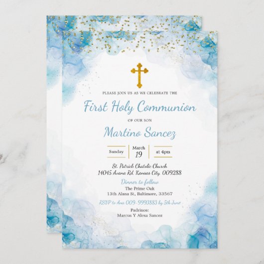 Croix Bleue Elegant première communion Invitation (Devant / Derrière)