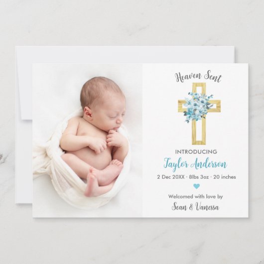 Croix Bleue Faire-part de naissance chrétienne (Devant)