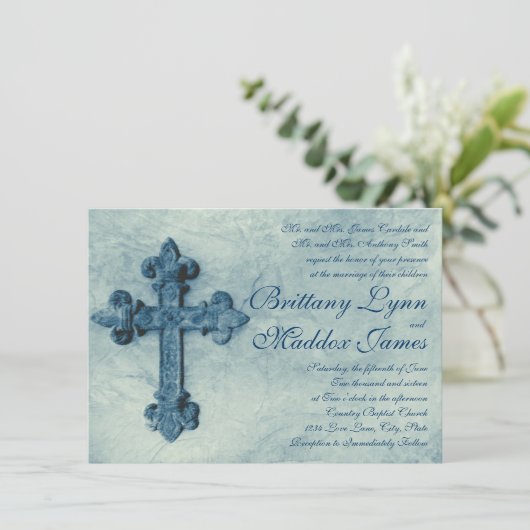 Croix Bleue Rustique Trouvé Mariage Invitations (Debout devant)