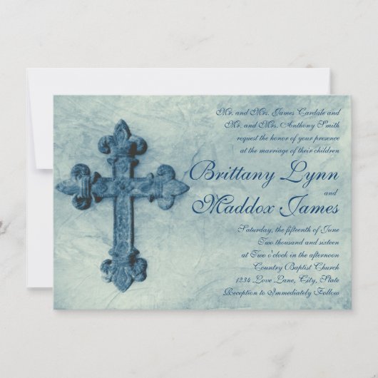 Croix Bleue Rustique Trouvé Mariage Invitations (Devant)