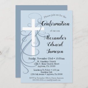 Croix Bleue Swirl Confirmation Invitation Garçon