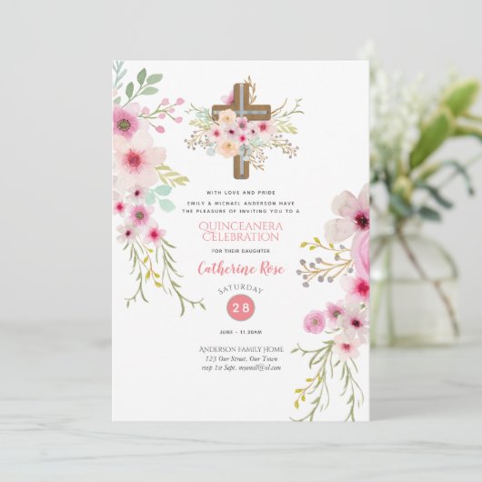 Croix céleste Quinceanera Invitation Boho Fleurs (Debout devant)