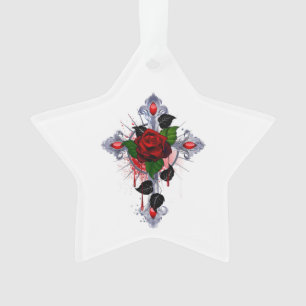 Croix d'argent avec une rose rouge