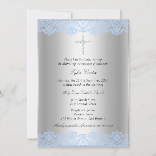Croix de dentelle bleue Baptême / Invitation Chris (Devant)