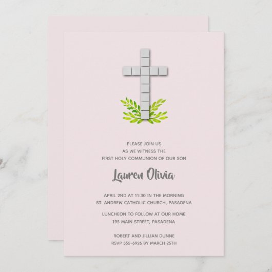 Croix de Première Communion sur invitations rose p (Devant / Derrière)