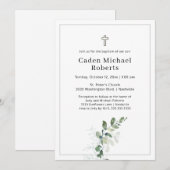 Croix de verdure de baptême blanc Invitation (Devant / Derrière)