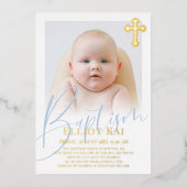 Croix dorée Faire-part de baptême avec photo écrit (Recto)