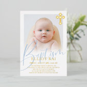 Croix dorée Faire-part de baptême avec photo écrit (Debout devant)