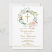 Croix dorée Invitation de confirmation florale aqu (Devant)