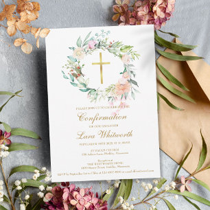 Croix dorée Invitation de confirmation florale aqu