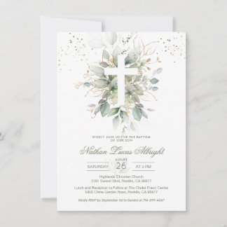 Croix du feuillage vert Baby Baptism Invitation