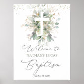 Croix du feuillage vert Poster Baptême bébé (Devant)