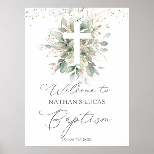 Croix du feuillage vert Poster Baptême bébé (Devant)