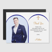 Croix du garçon photo bleu Carte de remerciements  (Devant / Derrière)