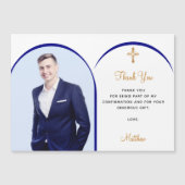 Croix du garçon photo bleu Carte de remerciements  (Devant)