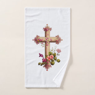 Croix en bois élégante aux fleurs roses