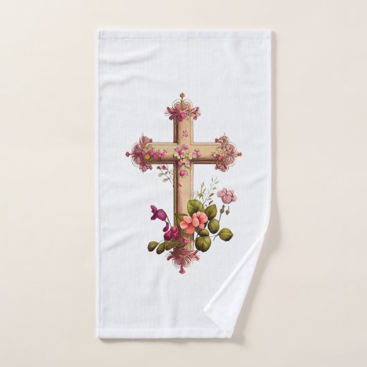 Croix en bois élégante aux fleurs roses (Serviette à main)