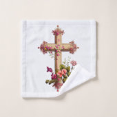 Croix en bois élégante aux fleurs roses (Gant de toilette)
