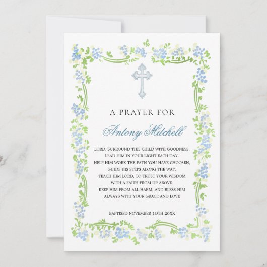 Croix florale bleu vert Baptême Prière Invitation (Devant)