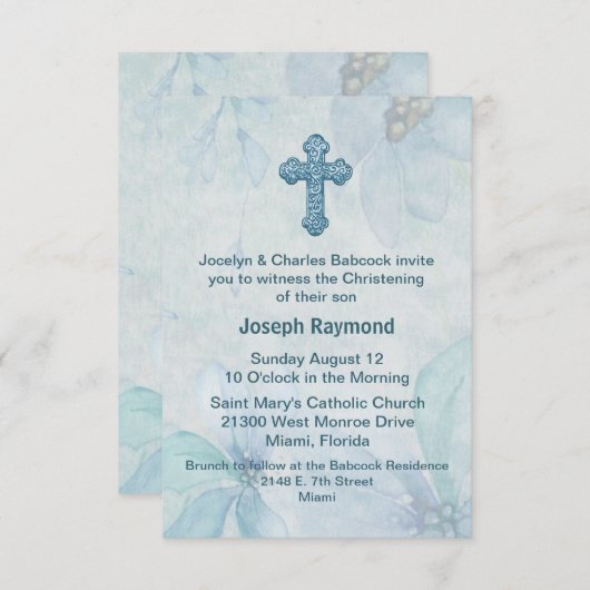 Croix Florale Bleue Bébé Christening Invitation (Devant / Derrière)