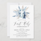 Croix florale bleue première communion invitation (Devant)