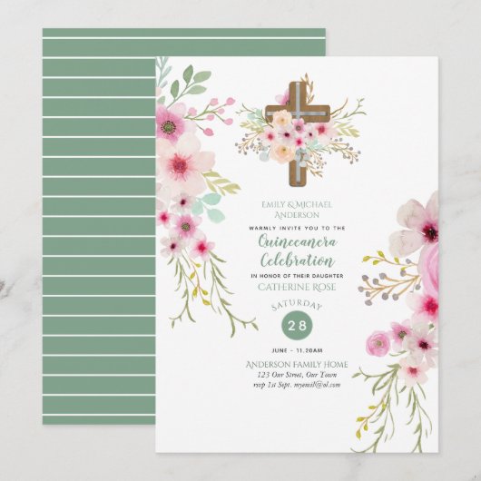 Croix florale catholique Quinceanera Invitation Sa (Devant / Derrière)