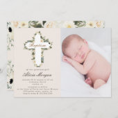 croix florale d'ivoire baptême photo invitation (Devant / Derrière)