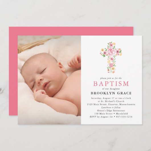 Croix florale rose Baptême Photo Invitation (Devant / Derrière)