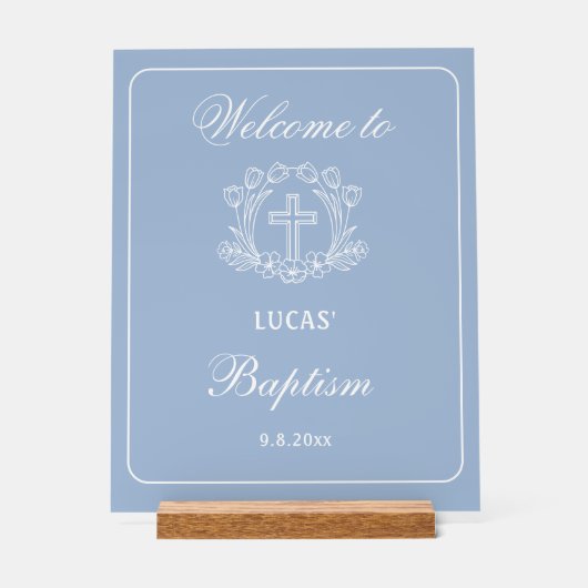 Croix florale simple sur Baptême bleu clair Accuei (Recto)