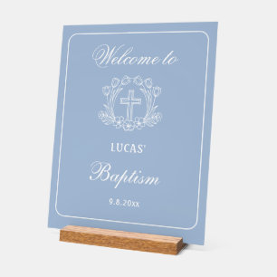 Croix florale simple sur Baptême bleu clair Accuei