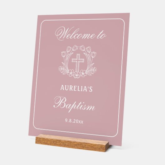 Croix florale simple sur Baptême rose Bienvenue (Angle)