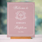 Croix florale simple sur Baptême rose Bienvenue (Neutre)