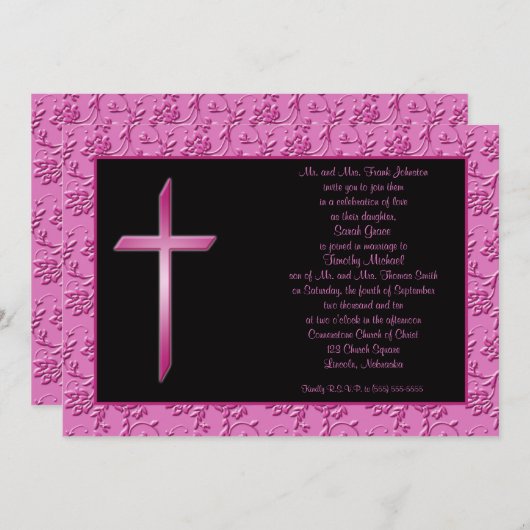 Croix rose chrétienne sur le Faire-part de mariage (Devant / Derrière)