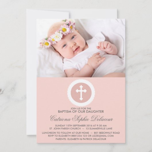 Croix rose et blanche Baptême Photo Invitation (Devant)