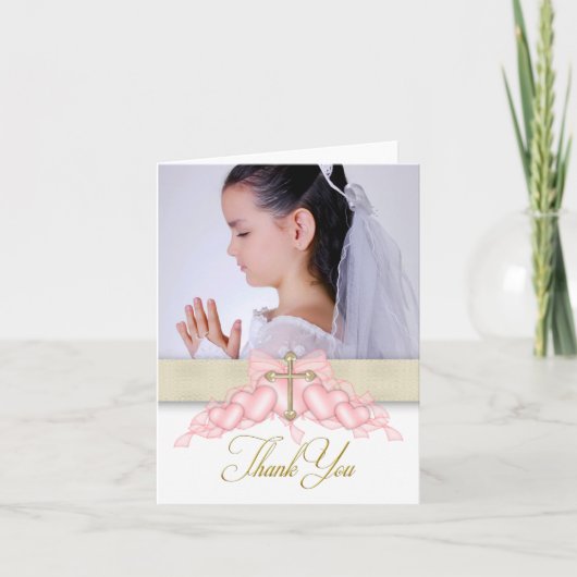 Croix rose photo première communion Merci Cartes (Devant)