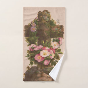 Croix rustique antique, roses sauvages, carte de P
