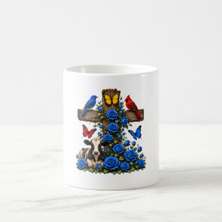 Croix rustique Roses bleues et mug vache
