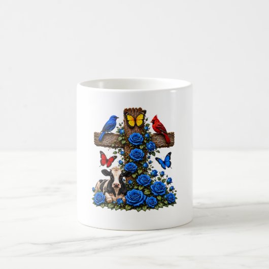 Croix rustique Roses bleues et mug vache (Centre)