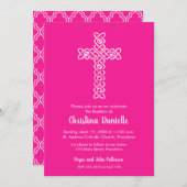 Croix sur faire-part de baptême rose vif (Devant / Derrière)
