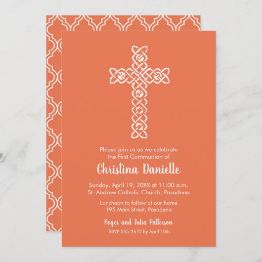 Croix sur Peach Bright Invitations de première com (Devant / Derrière)